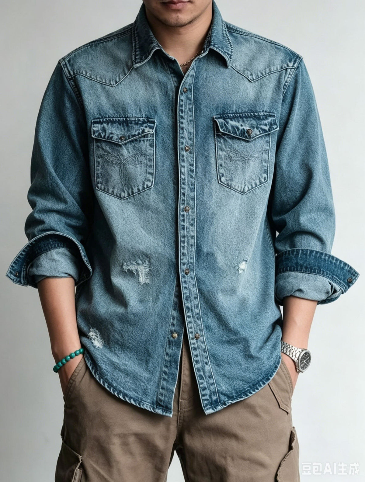 FreestyleCrown Mens Vintage Western Denim Shirt