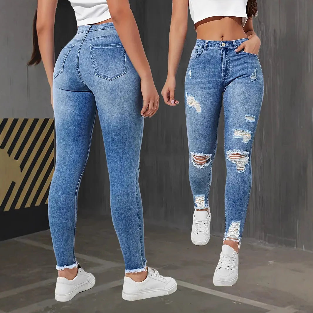 FreestyleCrown Womens Skinny Ripped Hole Jeans