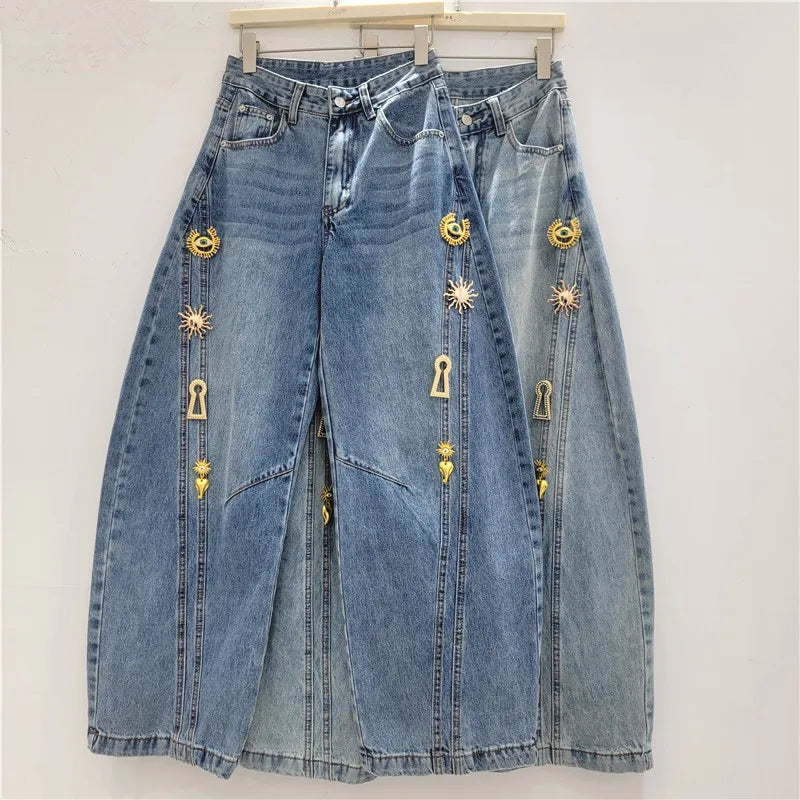 FreestyleCrown Womens Distressed Buckle Wide Leg Jeans