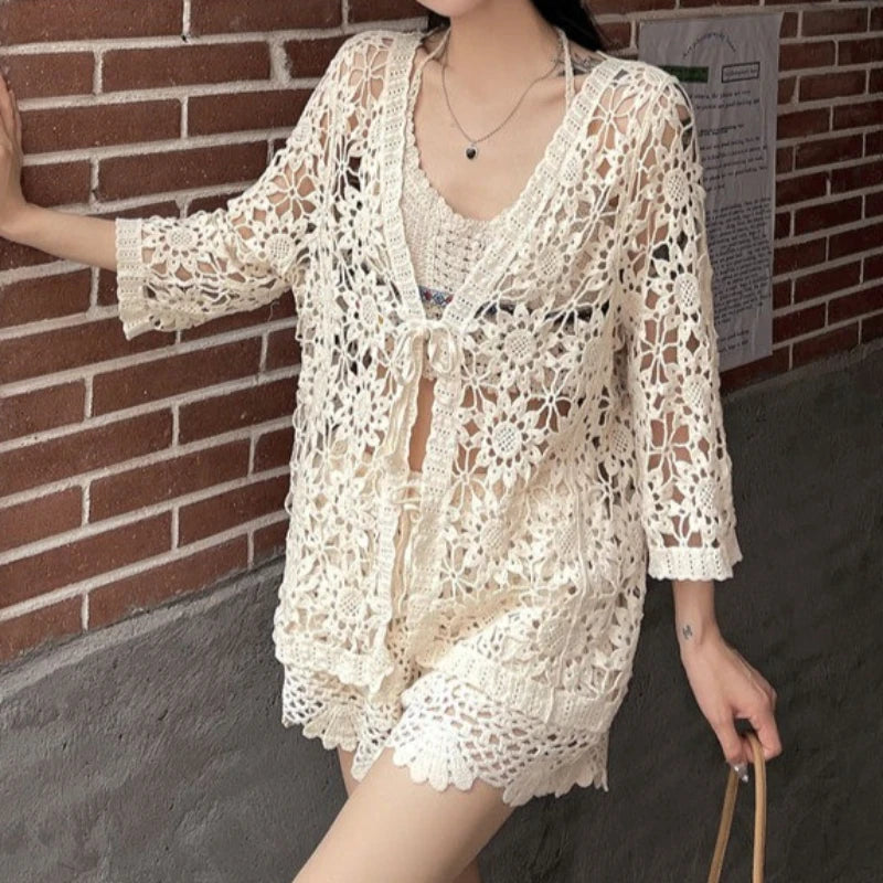 FreestyleCrown Womens Floral Lace Kimono Cardigan