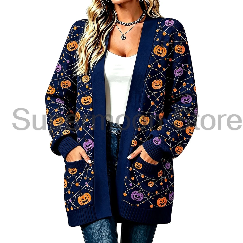 FreestyleCrown Pumpkin Spider Web Knit Cardigan