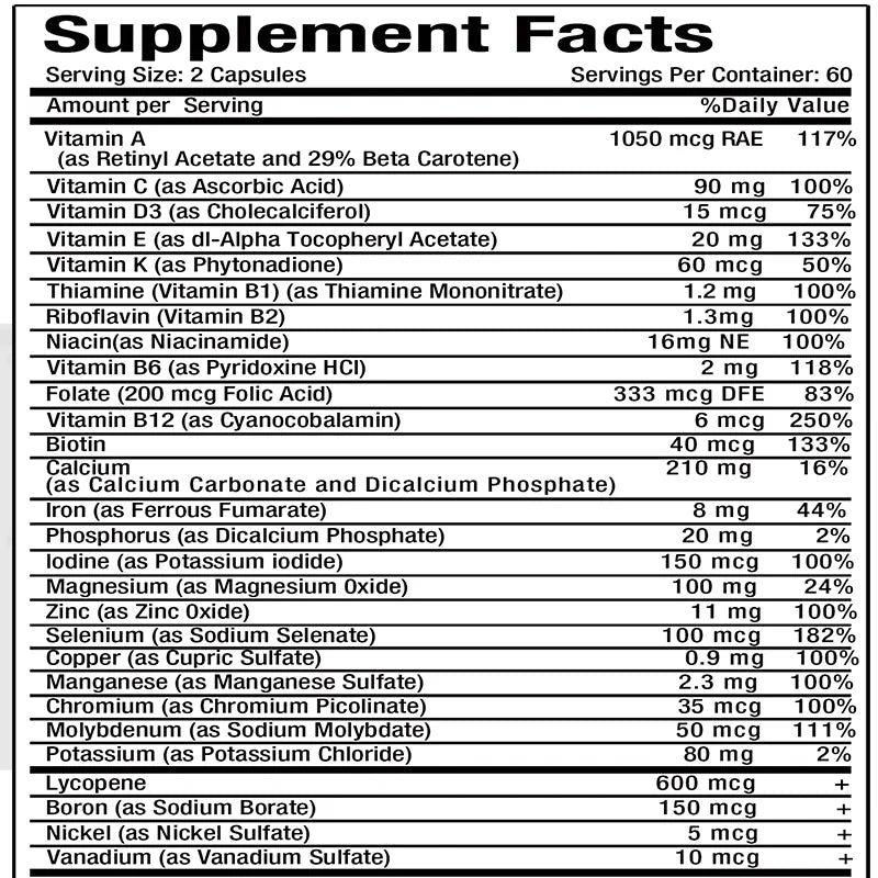 FreestyleCrown Men's 50+ Daily Super Multivitamin, High Potency Formula for Brain, Eye & Heart Health, Vitamins A C D E K B1 to B12 Gluten Free