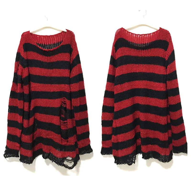 FreestyleCrown Punk Hollow Out Striped Sweater