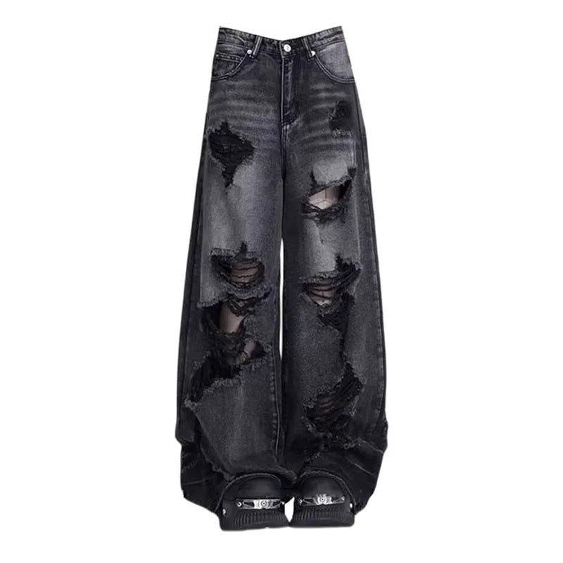 FreestyleCrown Womens Black Ripped Wide Leg Jeans