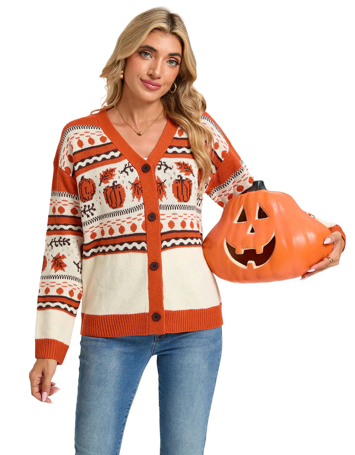 FreestyleCrown Pumpkin Knit V-Neck Cardigan