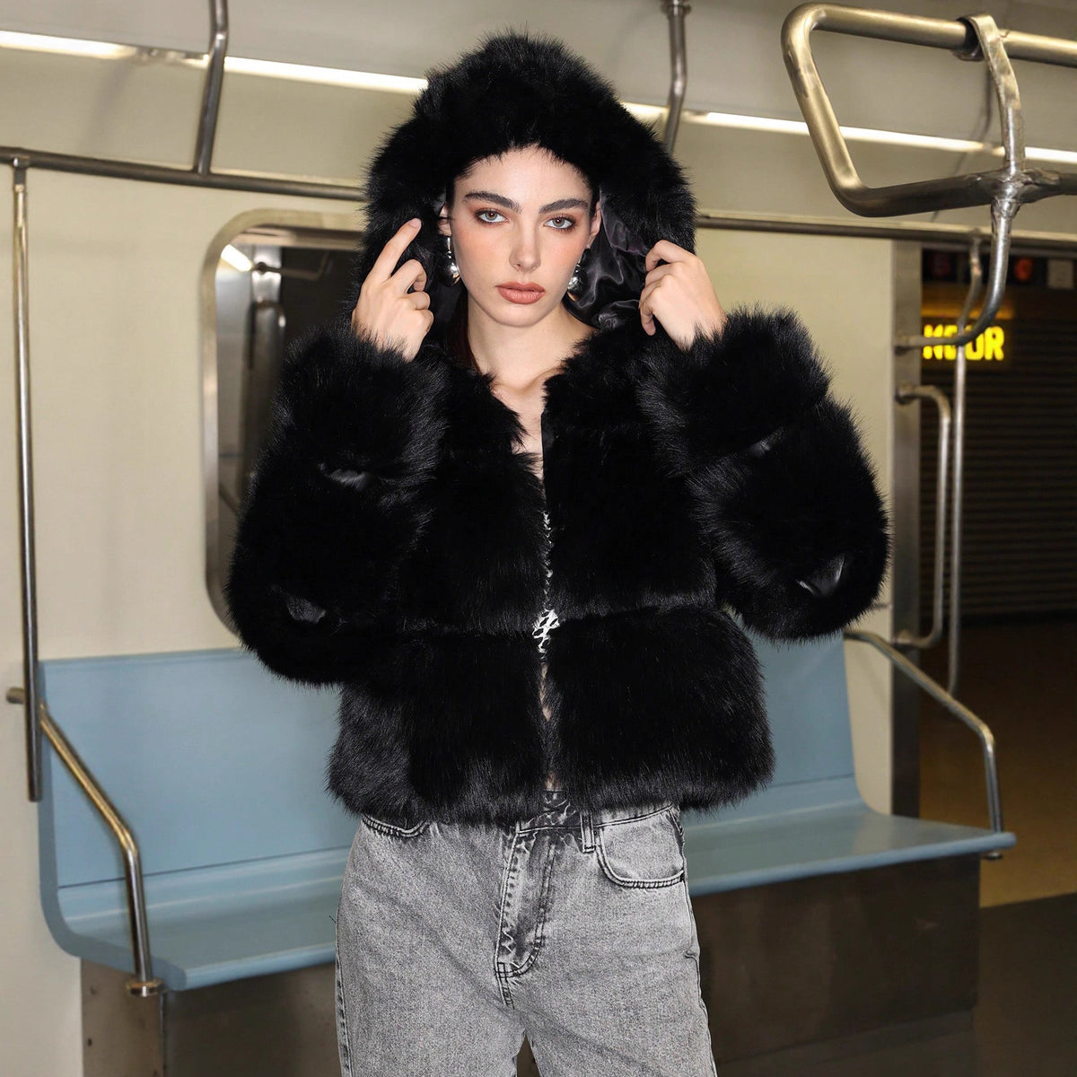 FreestyleCrown Y2K Black Faux Fur Hood Jacket