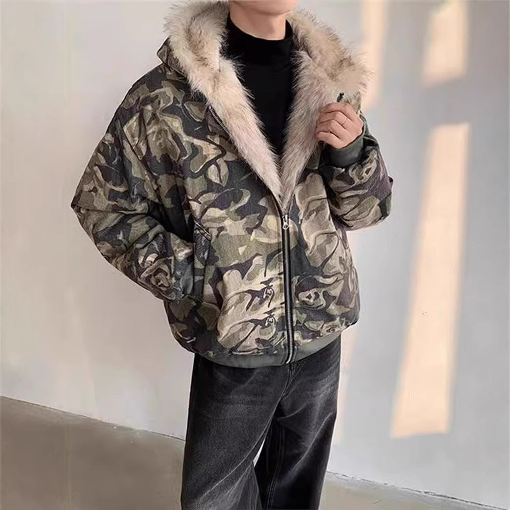 FreestyleCrown Y2K Retro Washed Camo Fur Hood Jacket